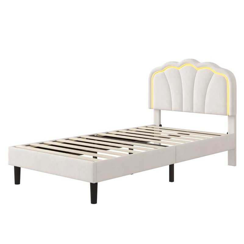 Single Upholstered Bed Frame with Adjustable Shell Headboard and RGB LED, Velvet Fabric and Solid Wood Slat, 194L x 94W x 111H cm, White