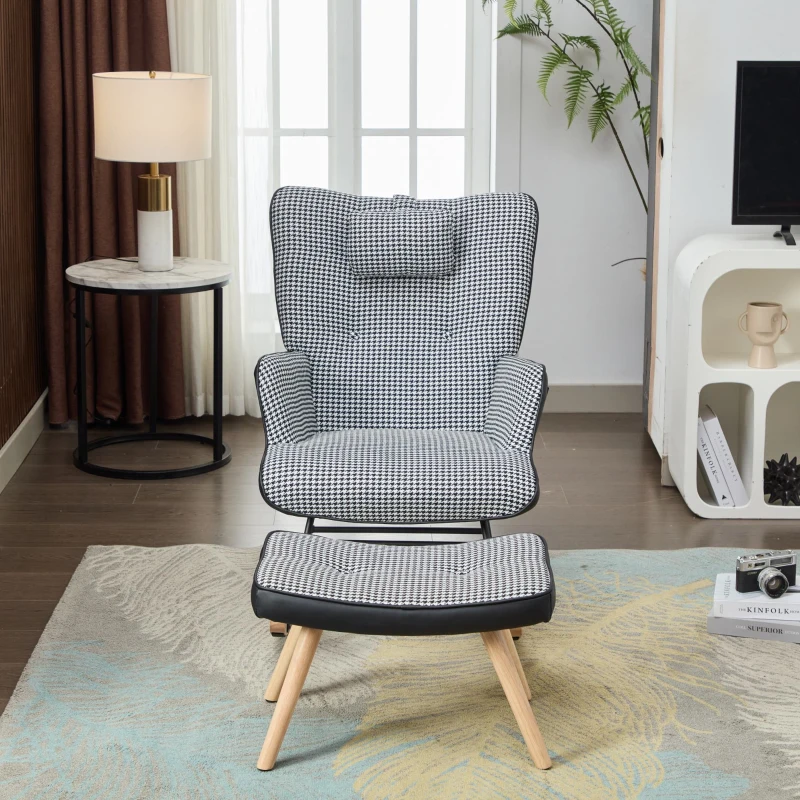 Fabric Rocking Chair with Solid Wood Legs, High Back Recliner with Footstool and Neck Pillow, 85L x 65W x 96H cm, White+Black