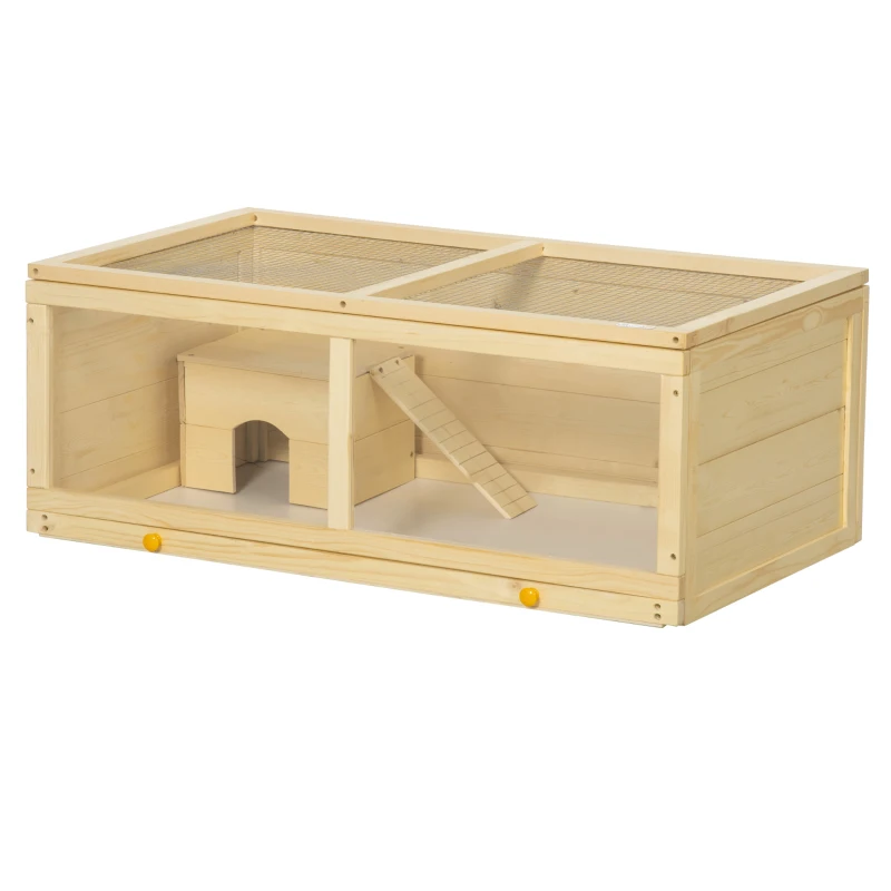 PawHut Jaula para Hámster de Madera con Techo Abatible Panel de Acrílico Bandeja Extraíble y Cabaña 100x58x38 cm Natural