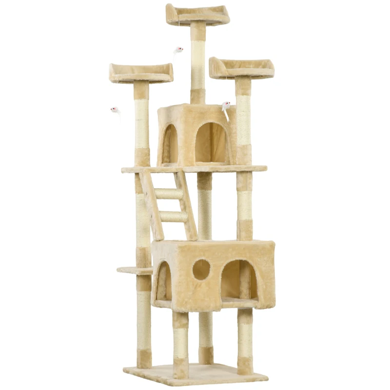 PawHut Rascador Árbol para Gatos Grande 60x50x181 cm con Poste de Arañar Múltiples Plataformas Escaleras Cuevas Juguetes Centro de Actividades Beige