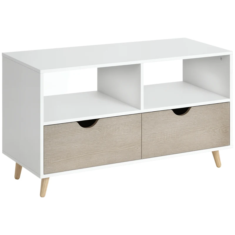 HOMCOM Meuble TV Bas sur Pieds Style scandinave 2 tiroirs Coloris chêne Clair Blanc