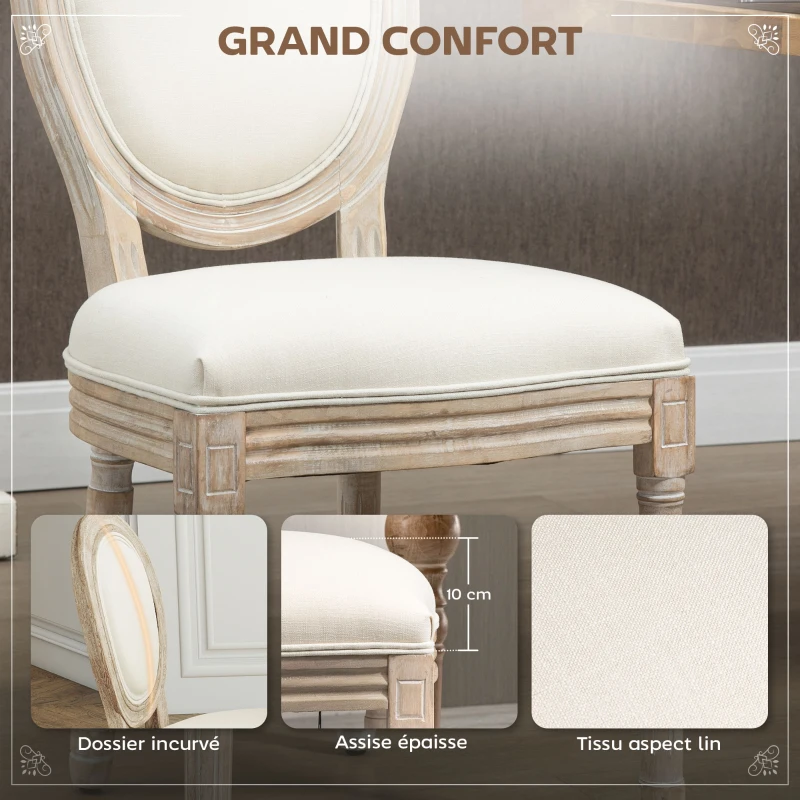 HOMCOM Lot de 2 chaises de Salle à Manger - Chaise de Salon médaillon Style Louis XVI - Bois Massif sculpté, patiné - Aspect Lin Beige