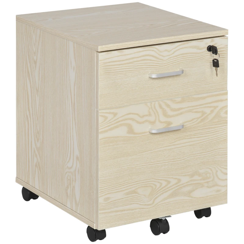 Vinsetto 2-Drawer Locking Office Filing Cabinet w/ 5 Wheels Rolling Storage Hanging A4 Cupboard Home Organisation, Oak Wood Grain
