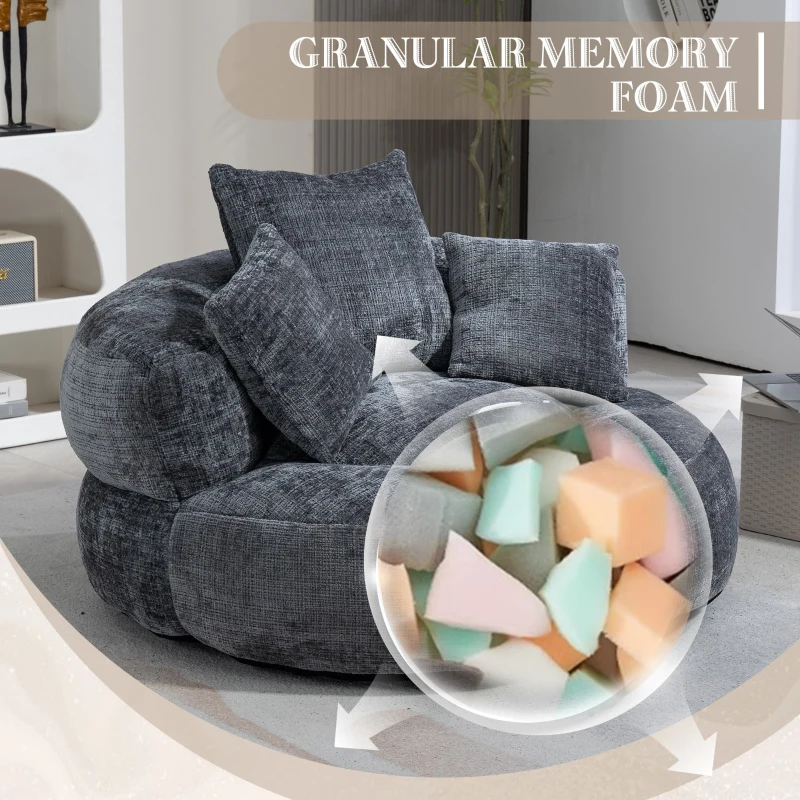 Chenille Bean Bag Chair with Memory Foam Filling, High Back Lounger with Three Pillows for Adults and Kids, 108L x 108W x 52H cm, Gray