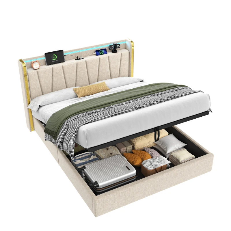 Double Upholstered Bed Frame with Hydraulic Storage, LED Headboard with USB and Type-C Charging Ports, 214L x 150W x 110H cm, Beige