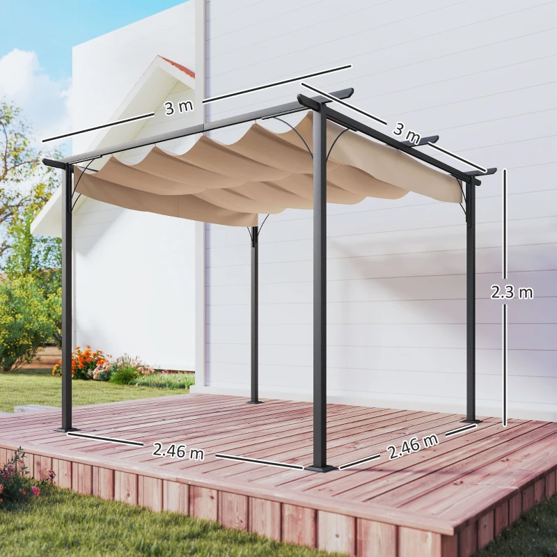 Outsunny Pergola Zonwering 3x3m Waterdichte Tuin Paviljoen voor Familie in Zwart Beige