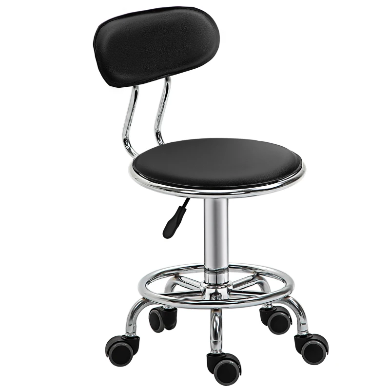 HOMCOM Tabouret à roulettes tabouret de massage pivotant 360° - ergonomique avec dossier - hauteur assise réglable 43,5-59 cm - revêtement synthétique noir et métal chromé