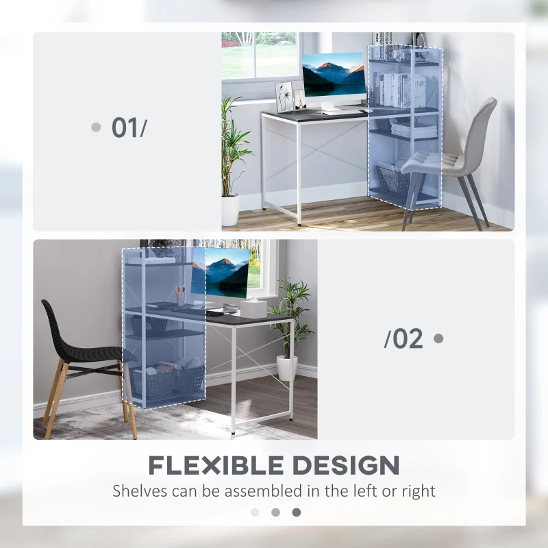 HOMCOM Computer Desk with Storage Shelves, Industrial Writing Table, Study Workstation for Home Office with Metal Frame, Black and White