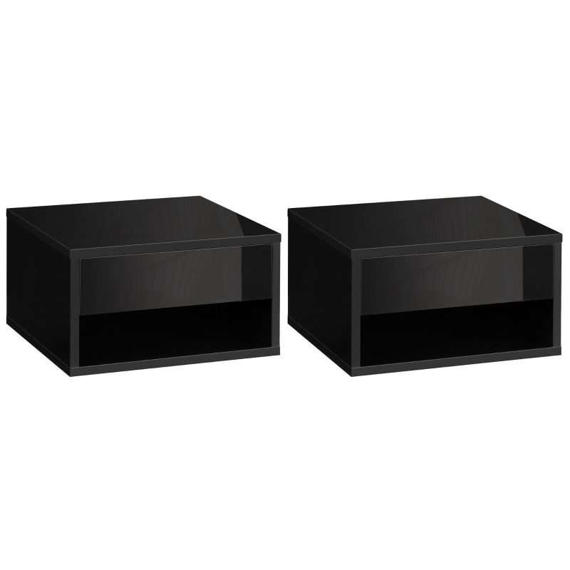 HOMCOM Lot de 2 tables de chevet murales table de nuit tiroir coulissant niche plateau en bois dim. 37L x 32l x 21H cm noir
