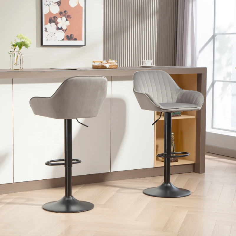 HOMCOM Lote de 2 taburetes de bar, sillas de bar de terciopelo con respaldo, reposapiés, altura ajustable y giratorias gris