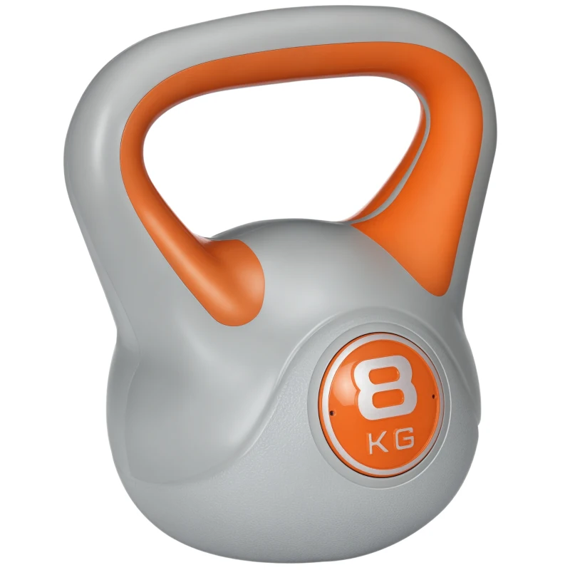 SPORTNOW Kettlebell 8kg in PU e Sabbia con Base Piatta e Impugnatura per Stacchi, Squat e Sollevamenti, 20x14x24 cm, Arancione