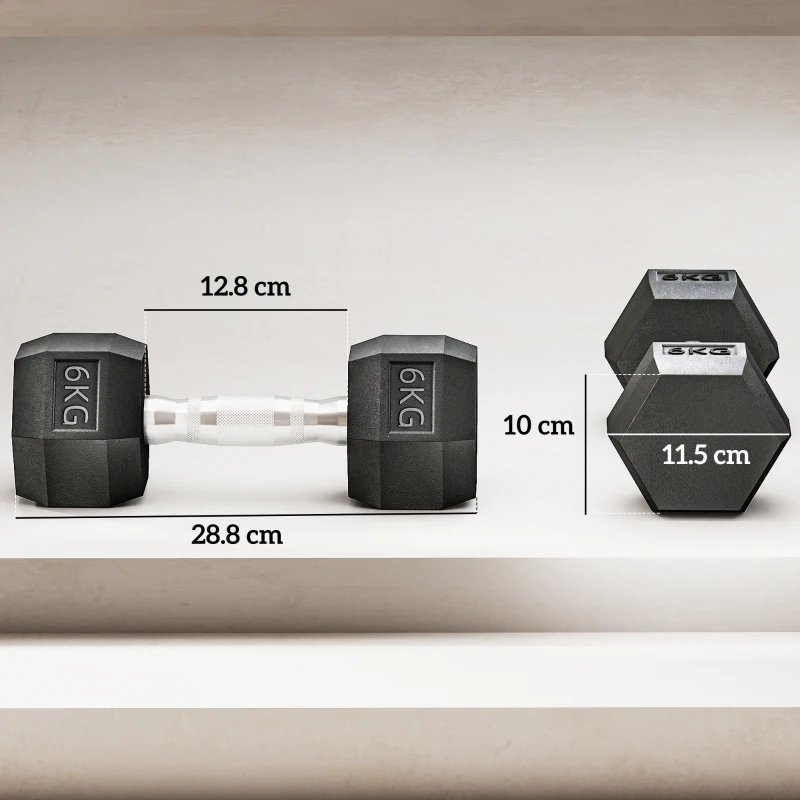 HOMCOM hexagon dumbbells set van 2 gietijzeren dumbbells handvat gekartelde dumbbell set dumbbell set gewichten metaal rubber zwart 2 x 6 KG(m-3)