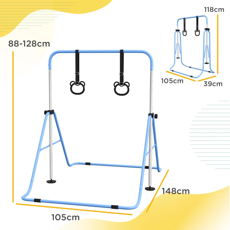 HOMCOM Barre de gymnastique pour enfants, barre horizontale pliable à hauteur réglable avec anneaux de gymnastique, bleu