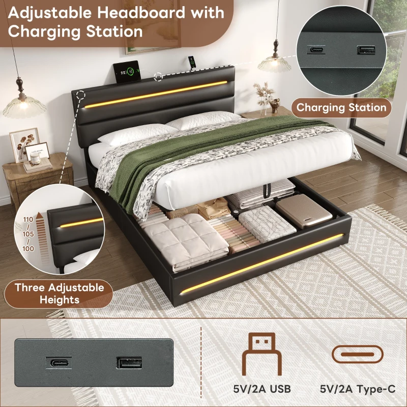 Double Upholstered Bed Frame with Hydraulic Storage, LED Adjustable Headboard with USB Ports, 200L x 145W x 110H cm, Black