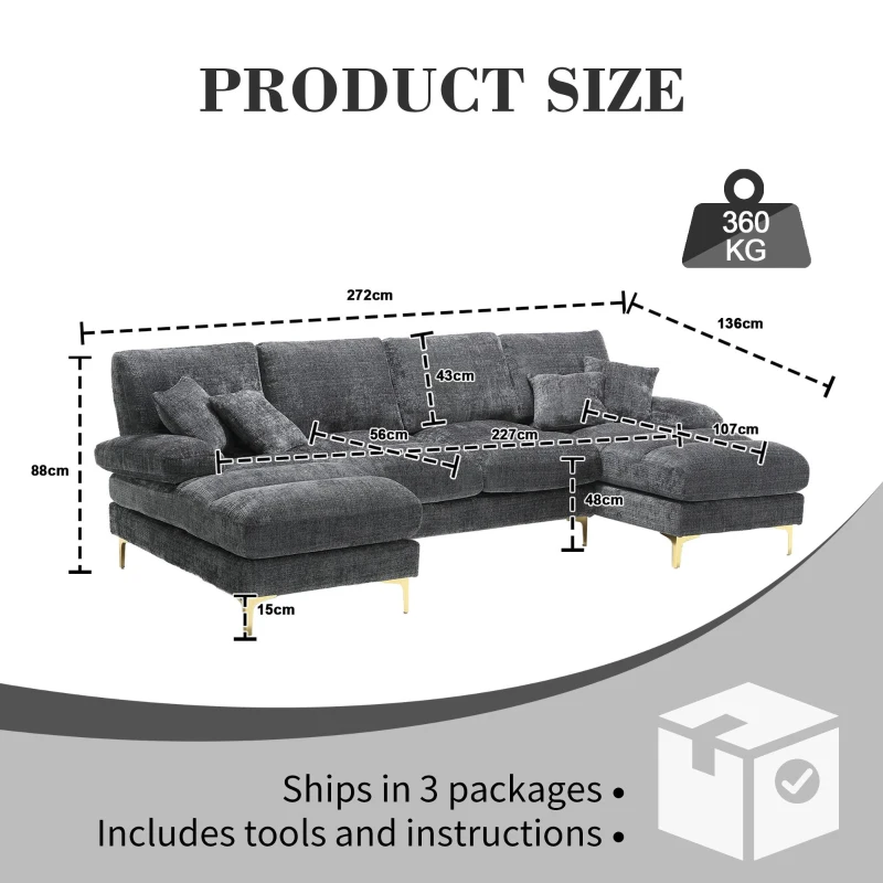 U-Shaped Modular Sofa with Pillows, Double Chaise, Rubber Pads, Chenille Fabric Sectional Couch for Living Room, 272L x 136W x 88H cm, Grey