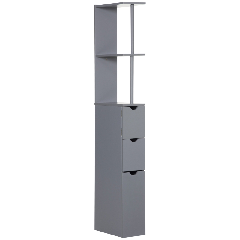 HOMCOM Columna de Baño Moderno Mueble Auxiliar de Baño con 2 Estantes 2 Cajones y 1 Puerta Antivuelco 15x33x136,5 cm Gris