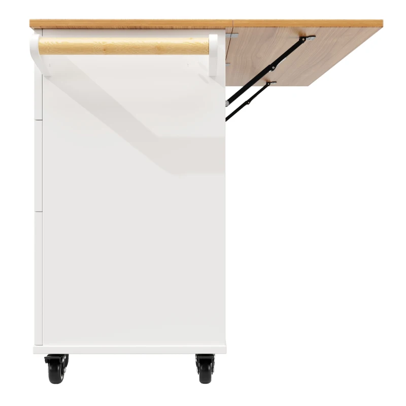 Rolling Mobile Kitchen Island Cart with Drawer and Storage Cabinet, Drop Leaf and Multi-Functional Design, 133L x 70W x 88H cm, White