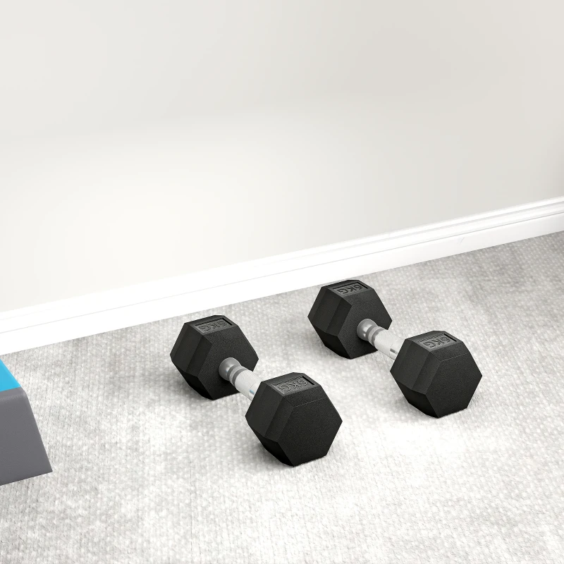 HOMCOM hexagon dumbbells set van 2 gietijzeren dumbbells handvat gekartelde dumbbell set dumbbell set gewichten metaal rubber zwart 2 x 6 KG(m-11)