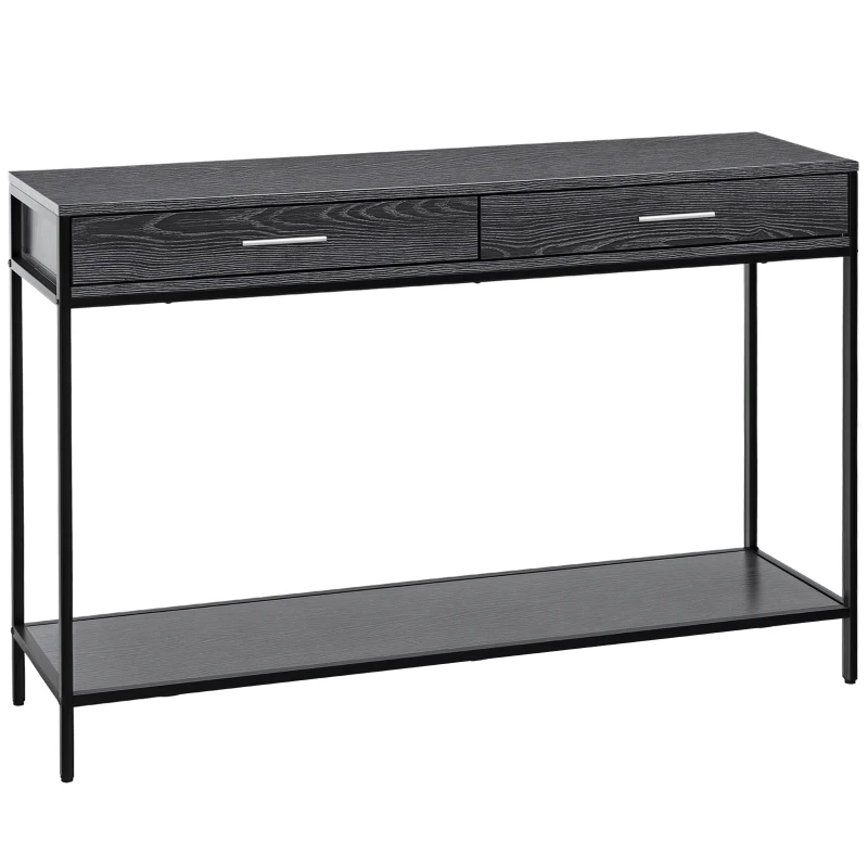 HOMCOM Console Table Worktop Bottom Shelf Home Two Drawer Industrial Minimal Style Grey Wood Tone Effect