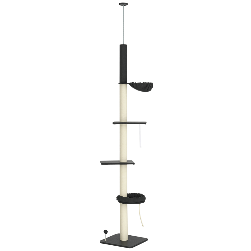 PawHut 240-270cm Floor-To-Ceiling Cat Tree, 5 Tier Cat Climbing Tower, with Bed, Hammock, Platforms, Dark Grey and Cream