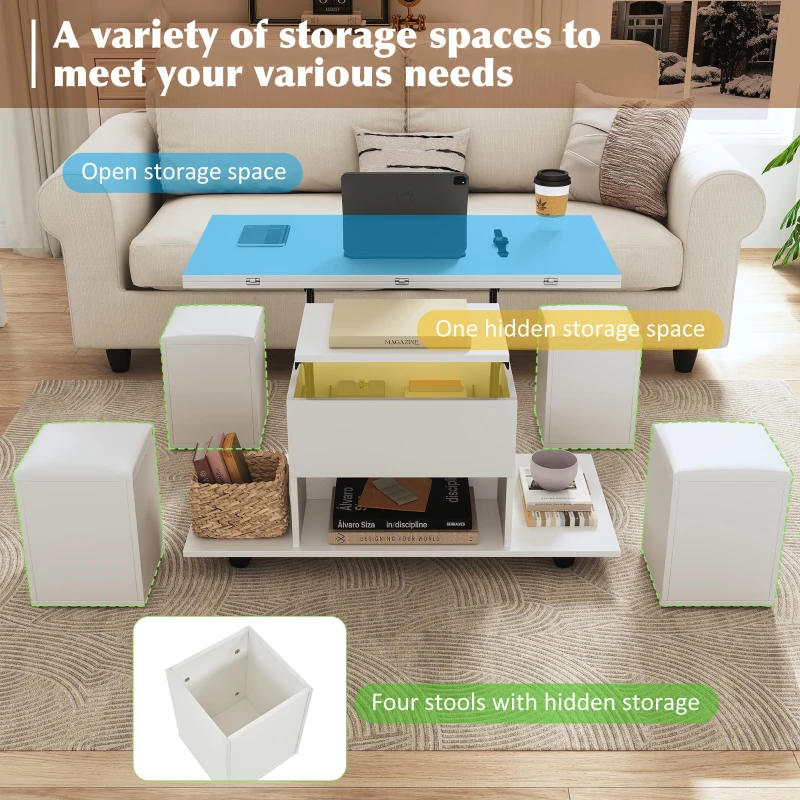 Lift-Up Coffee Table with Hydraulic Mechanism, Hidden Storage and Adjustable Height, 100L x 50W x 48H cm, White