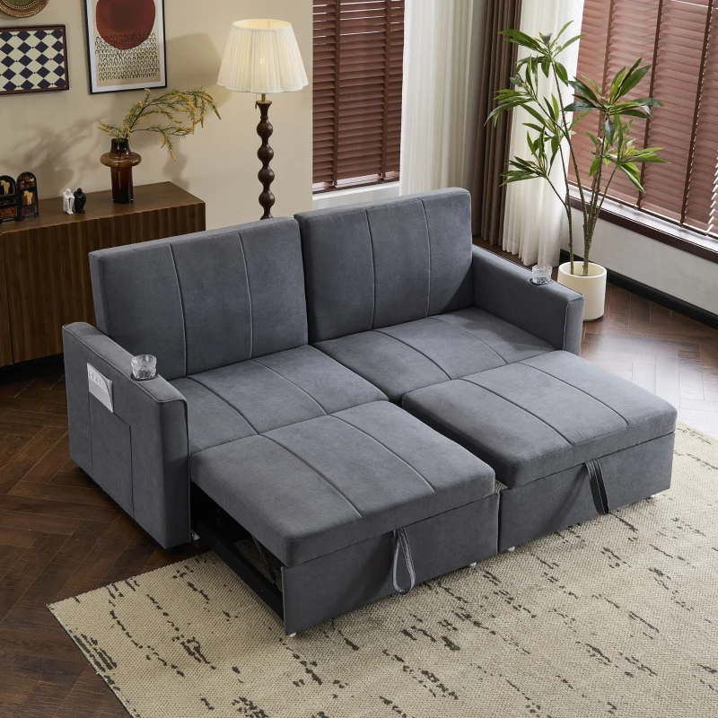 Convertible Fabric Sofa Chair with Cup Holders and Side Pockets, King Size Independent Pull Out Sofa Bed, 207L x 87W x 96H cm, Gray