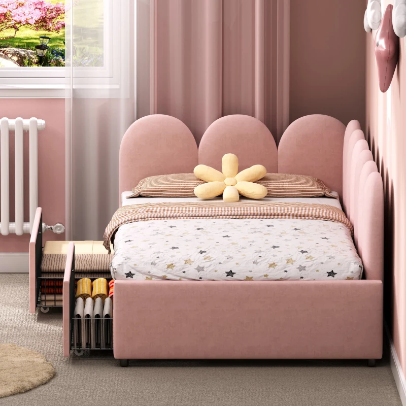 Single Velvet Daybed with Two Storage Drawers, Modern Youth Bed Frame with Wooden Slats, Easy Assembly, 202L x 97W x 73H cm, Pink