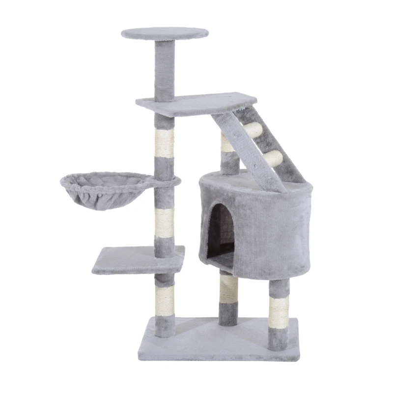 PawHut Torre para Gatos 55x40x125 cm con Postes Escalera Cueva Espaciosa Hamaca y Varias Plataformas Gris