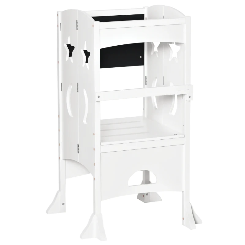 HOMCOM Kids Step Stool Toddler Kitchen Stool with Blackboard Lockable Handrail for Kids Kitchen Counter White(m-10)
