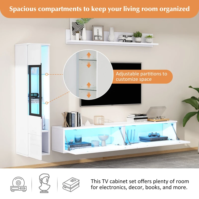 High Gloss TV Wall Unit Set with LED Lighting, Handleless Design, Includes TV Cabinet, Display Cabinet, Hanging Shelf, 457L x 84W x 76H cm, White