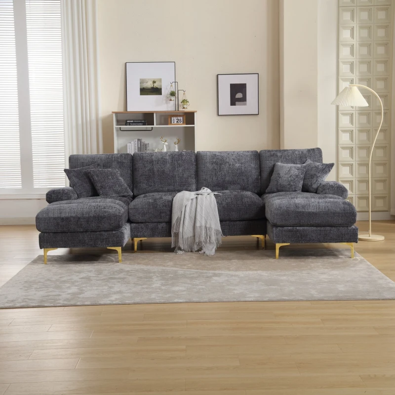U-Shaped Modular Sofa with Pillows, Double Chaise, Rubber Pads, Chenille Fabric Sectional Couch for Living Room, 272L x 136W x 88H cm, Grey