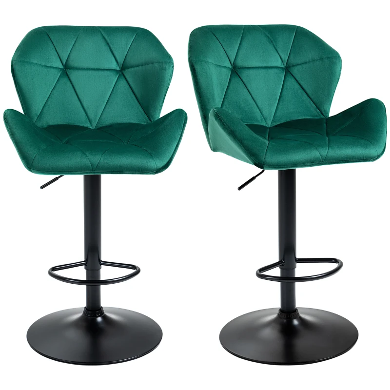 IE Located HOMCOM Velvet-Touch Bar Stools Set of 2 Fabric Adjustable Height Armless Counter Chairs with Swivel Seat, Green