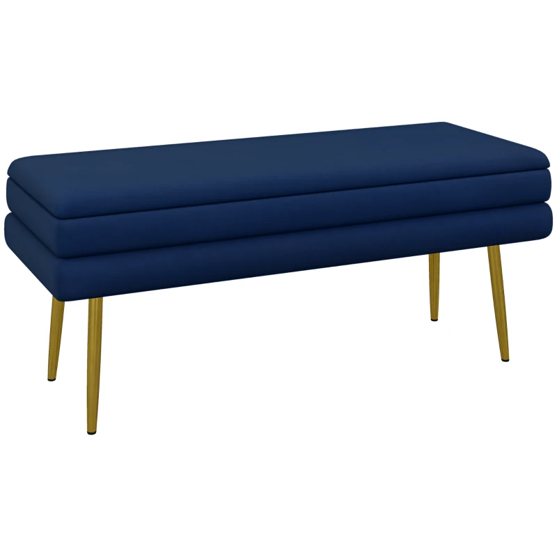 HOMCOM Banc banquette coffre de rangement 2 en 1 assise aspect velours et pieds acier - 100 x 37,5 x 42 cm bleu et doré