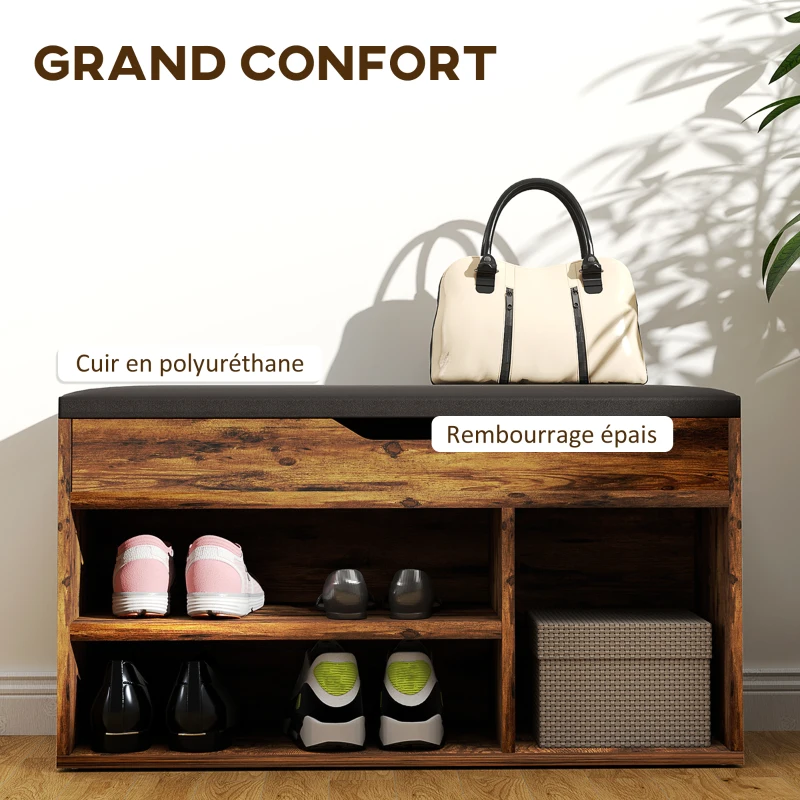 HOMCOM Meuble Chaussures Banc à Chaussures 2 Niveaux Rangement, Niche + Coffre intégré avec Coussin Effet bois d'acajou