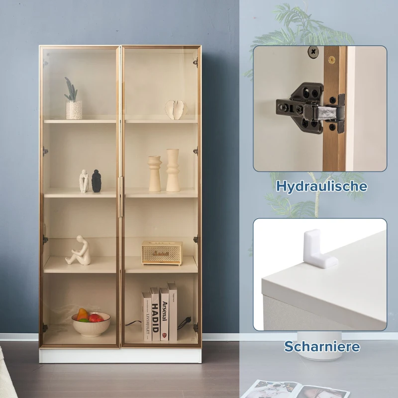 LED Display Cabinet with Tempered Glass Doors, Adjustable Shelves and Smart APP-Controlled RGB Lighting, 160L x 80W x 40H cm, White