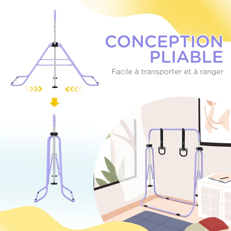 HOMCOM Barre de gymnastique pour enfants, barre horizontale pliable à hauteur réglable avec anneaux de gymnastique, violet