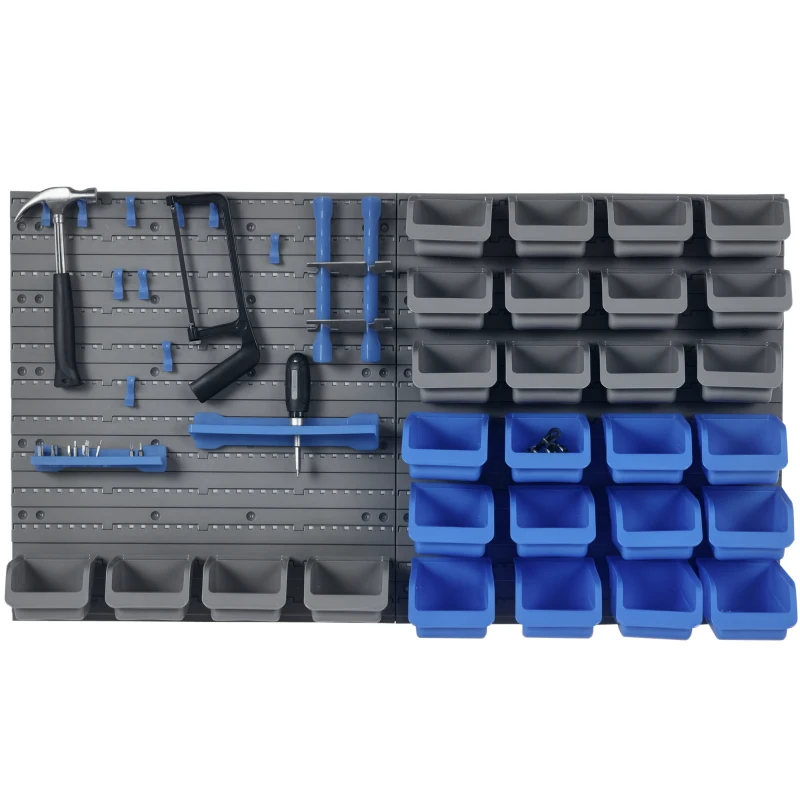 DURHAND Estantería de Pared para Herramientas 54x95 cm con 28 Cajas Apilables y Diferentes Ganchos Gris y Azul