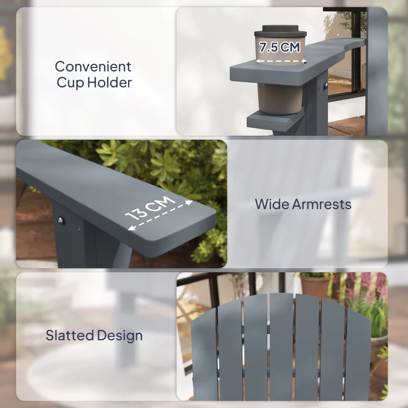 Outsunny Adirondack Tuinstoel met Bekerhouder Ligstoel Balkonstoel Massief Hout Donkergrijs 97 x 72.5 x 93 cm