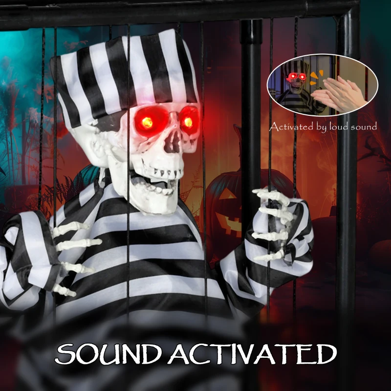 Outsunny Halloween Animated Hinging Skeleton Prisoner in Cage with Glowing LED Eyes, Spooky Skeleton Scary Halloween Decorations, Battery Operated, Indoor Party Props