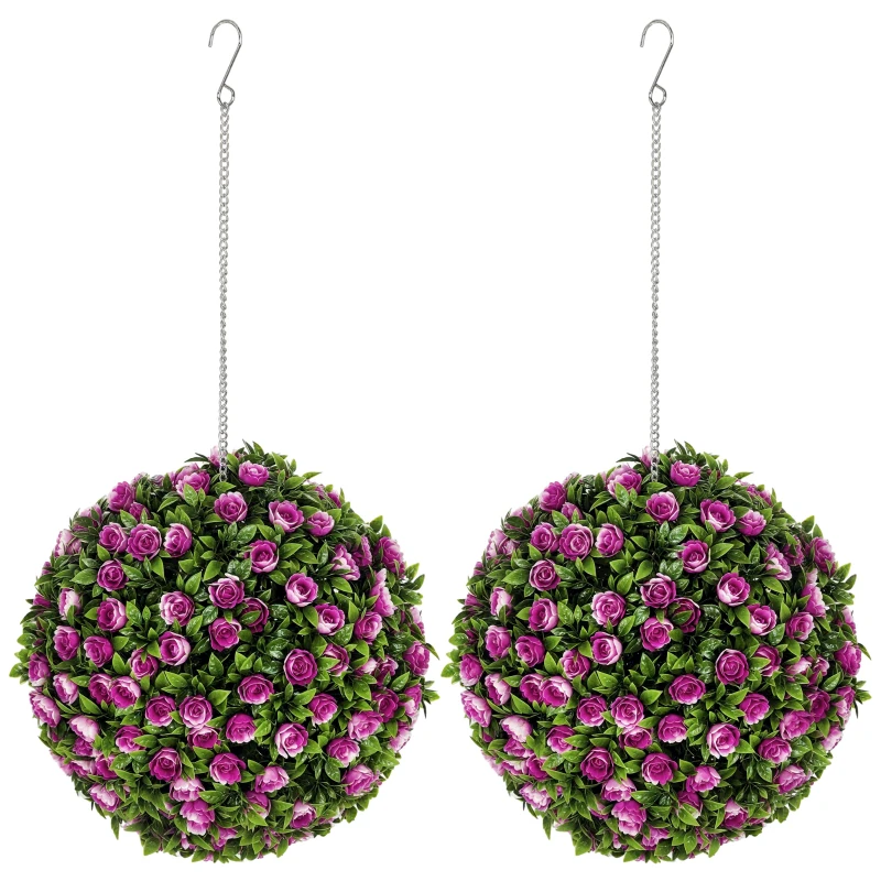 HOMCOM Set of 2 Decorative Artificial Plants, UV-protected Artificial Plant Topiary Rose Balls, Fake Plants for Home Indoor outdoor Decor, 28cm, Purple