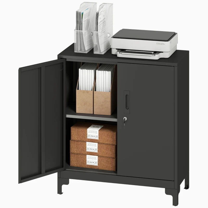 HOMCOM Armoire de Bureau en Métal avec Portes Verrouillables, Commode de Bureau, Design à 2 Niveaux, Noir