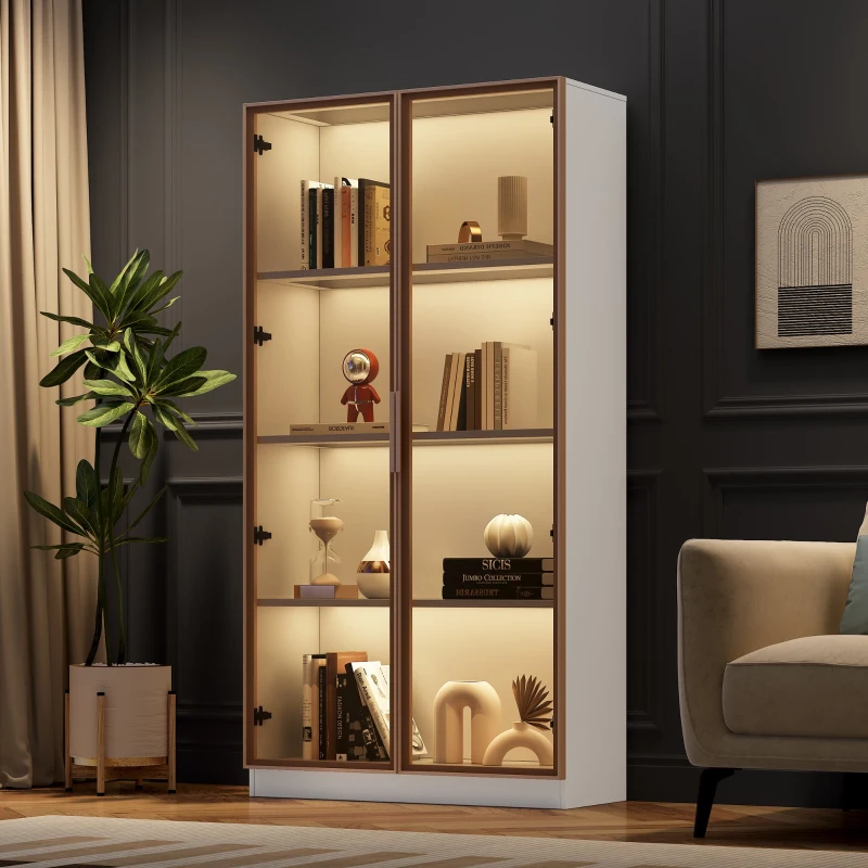 LED Display Cabinet with Tempered Glass Doors, Adjustable Shelves and Smart APP-Controlled RGB Lighting, 160L x 80W x 40H cm, White
