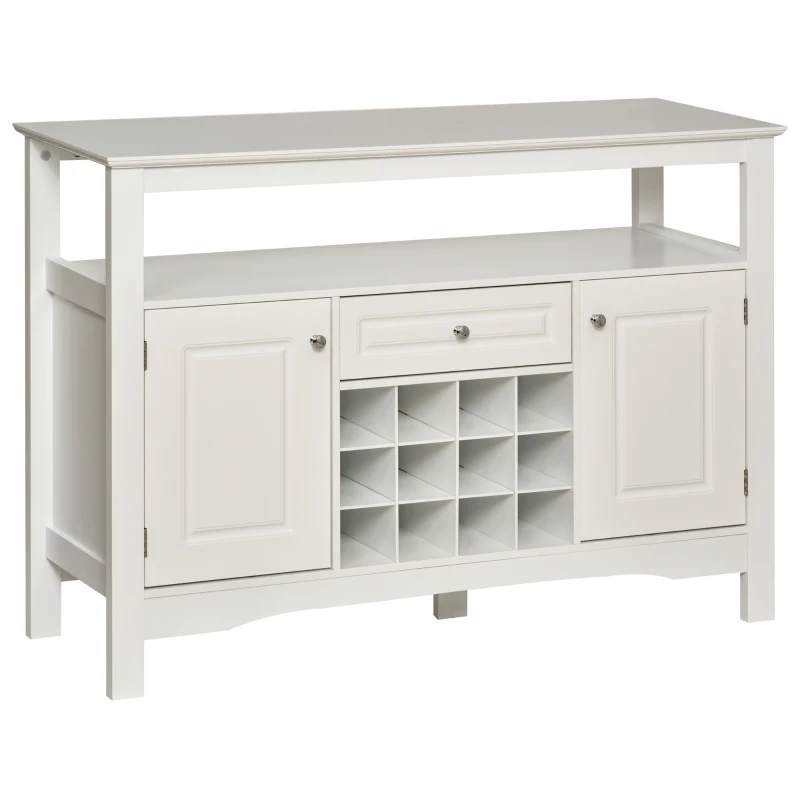 HOMCOM Aparador de Comedor con 1 Cajón 1 Estante Abierto 2 Puertas y Botellero para 12 Botellas 116,5x40x82,5 cm Blanco