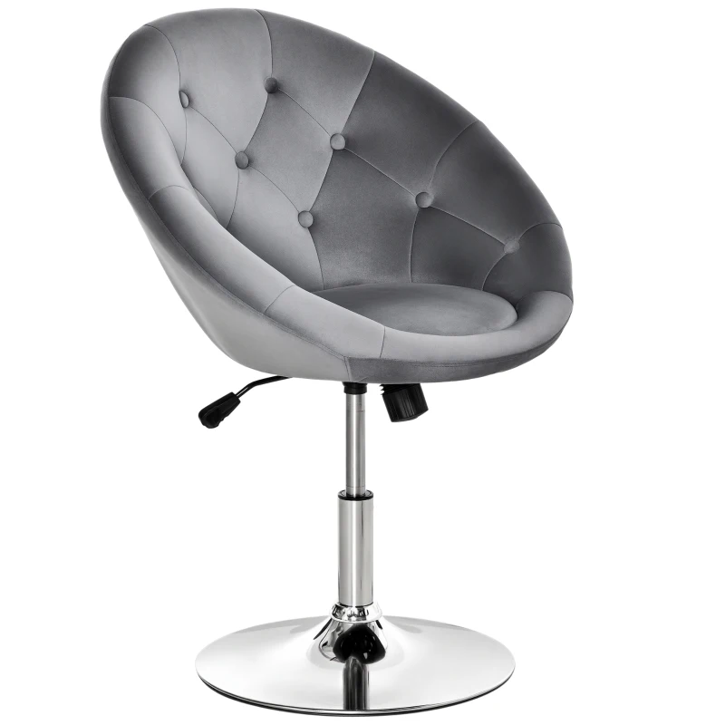 HOMCOM Swivel Dressing Stool, Velvet-feel Upholstered Vanity Chair, Adjustable Height Tub Makeup Chair with Button Tufting and Thick Padding, Breakfast Dining Chair, Grey