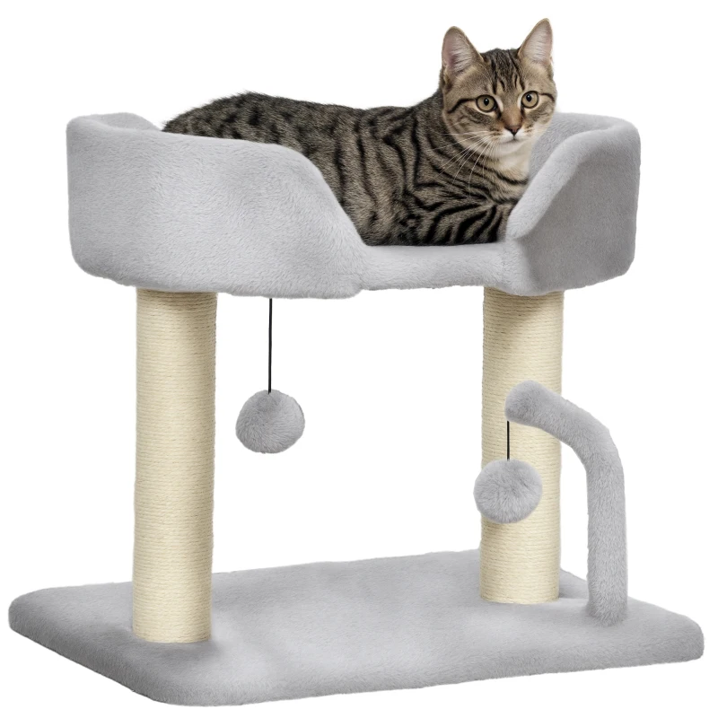 PawHut 42cm Indoor Cat Tree, with Toy Balls, Sisal Scratching Post - Light Grey