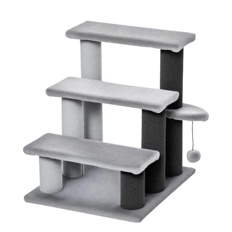 PawHut Scaletta per Gatti a 3 Gradini con Rivestimento in Flanella e Pallina, 45x40x48cm, Grigio