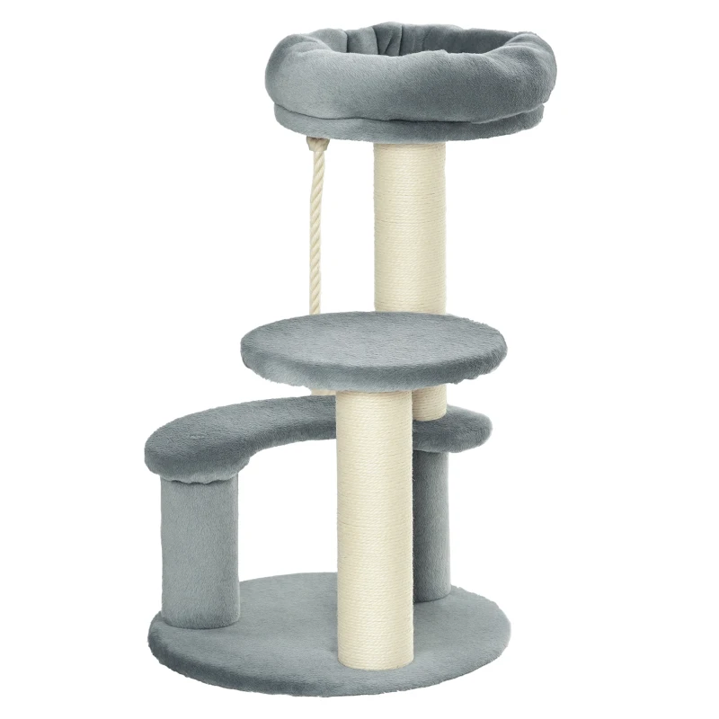 PawHut Katzenbaum Kletterbaum mit Hängematte, 3-Stufiger Spielbaum mit Katzenbett Katzenkratzbaum mit Sitzplattform, Sisalsäulen, Grau Ø40 x H65 cm
