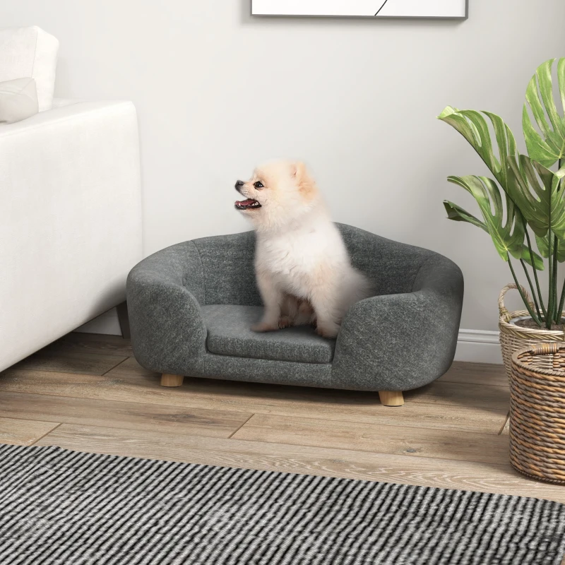 PawHut hondenbank hondenmat hondenmand hondenbank hondenbank kattenbank met kussen achterzak pluche schuim grenen hout donkergrijs 70 x 47 x 30 cm