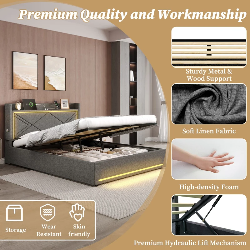 Double Upholstered Bed Frame with Hydraulic Storage, LED Lighting, USB and Type-C Charging Station, 210L x 141W x 110H cm, Grey