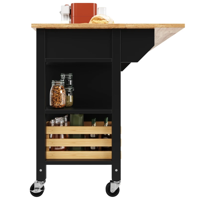 Rolling Kitchen Island Trolley with Adjustable Shelf, Spice Rack and 3 Drawers, Smooth-Rolling Casters for mobility, 120L x 45W x 90H cm, Black